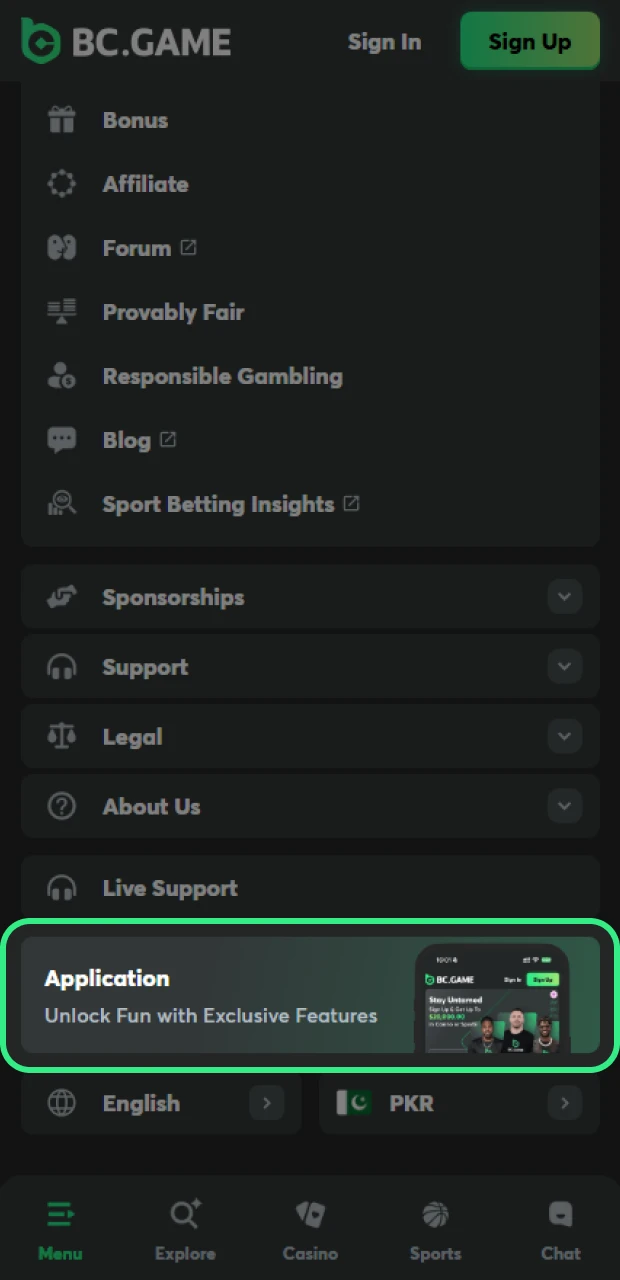 Find the button at the bottom of the menu to install the BC Game Android app.