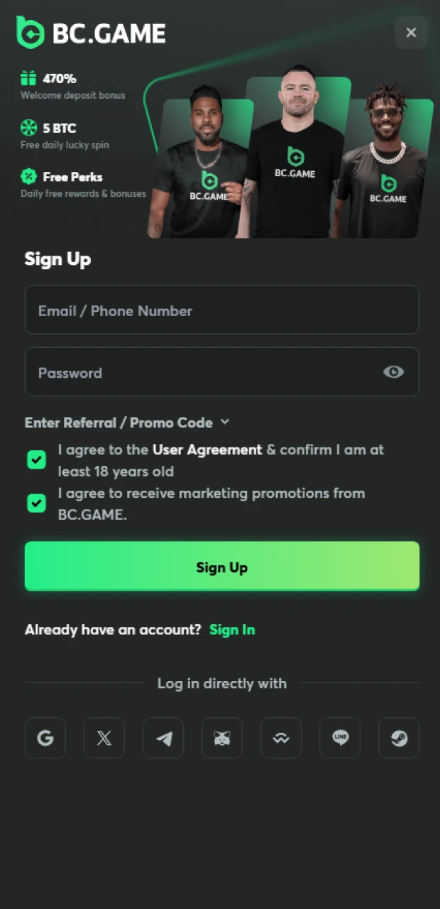 Register at BC Game to start playing at the casino.