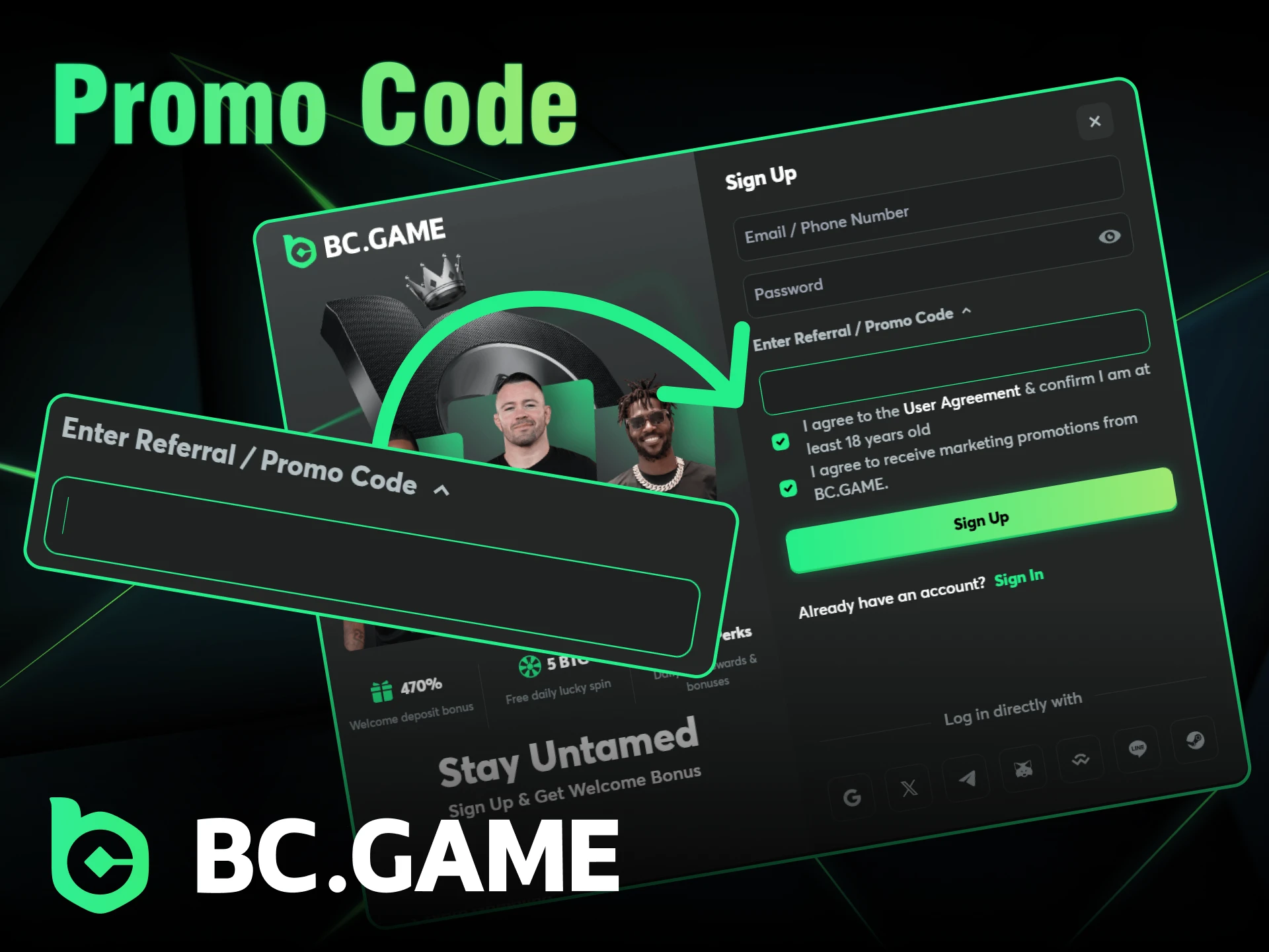 Enter the BC Game promo code when registering to receive a bonus.
