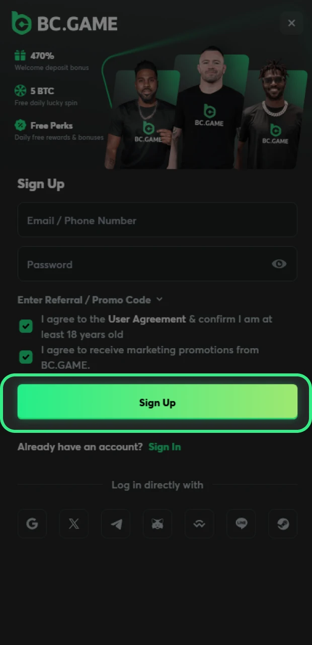 Complete your registration on BC Game and start placing your bets.