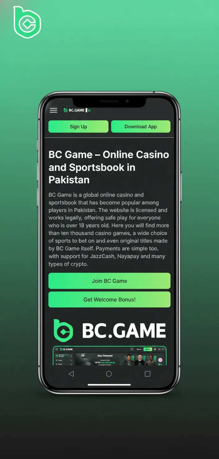 BC Game app UI: clean, card-based layout with thumb-friendly tabs for Sports, Live, Casino, Wallet; fast bets, games, cashout