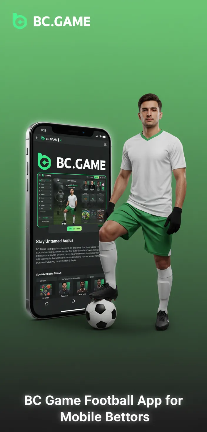 BC Game Football betting app on phone and tablet, showing live odds, cash out, and football markets for Android and iOS.