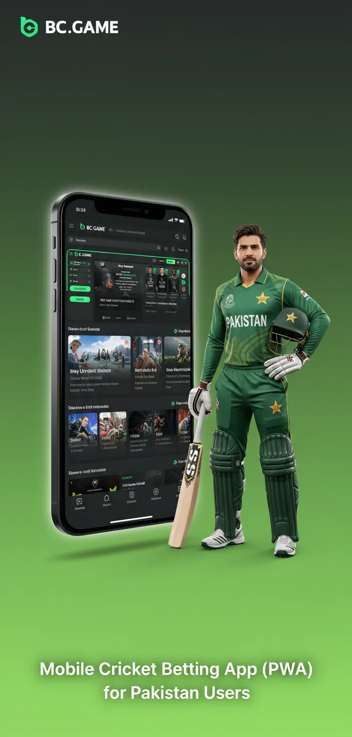 Screenshots of BC Game cricket betting PWA: live odds, betslip, and Add to Home Screen on Android and iOS.