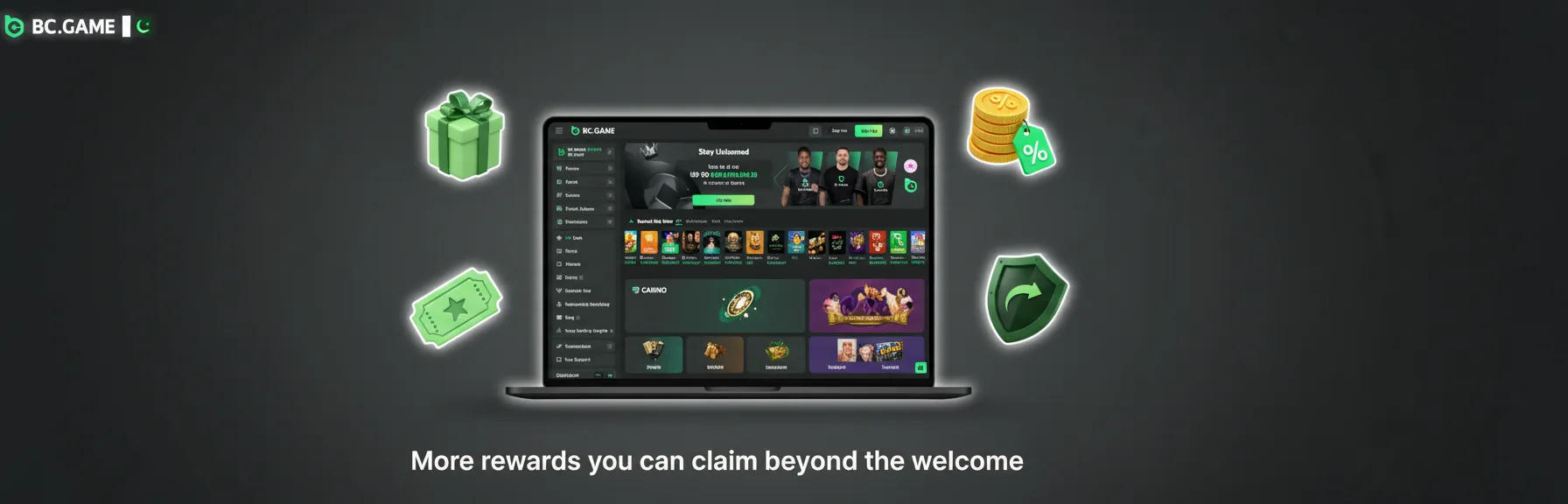 Icons for reload bonuses, cashback, free spins, VIP/rakeback, tournaments and leaderboards; rewards beyond the welcome.