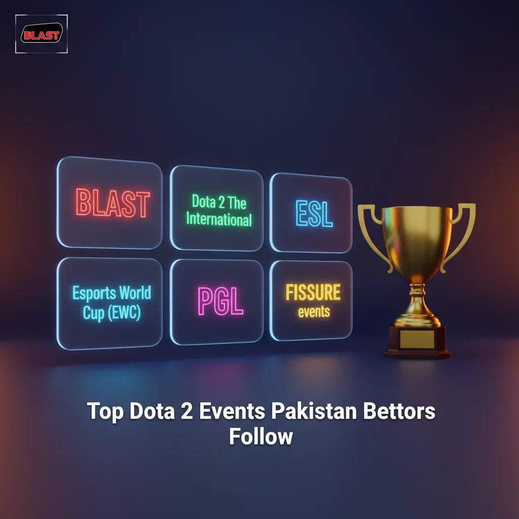 Graphic listing top Dota 2 events for Pakistan bettors: TI, BLAST, ESL, EWC, PGL, FISSURE, with betting odds theme.