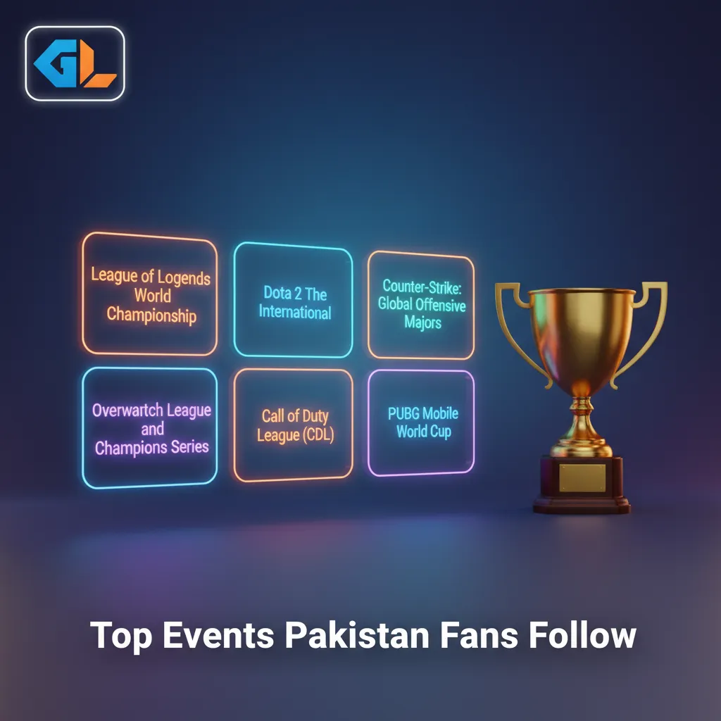 Table listing major esports tournaments Pakistan fans follow: Dota 2, CS2, LoL, Valorant, MLBB, PUBG Mobile, and SC2.