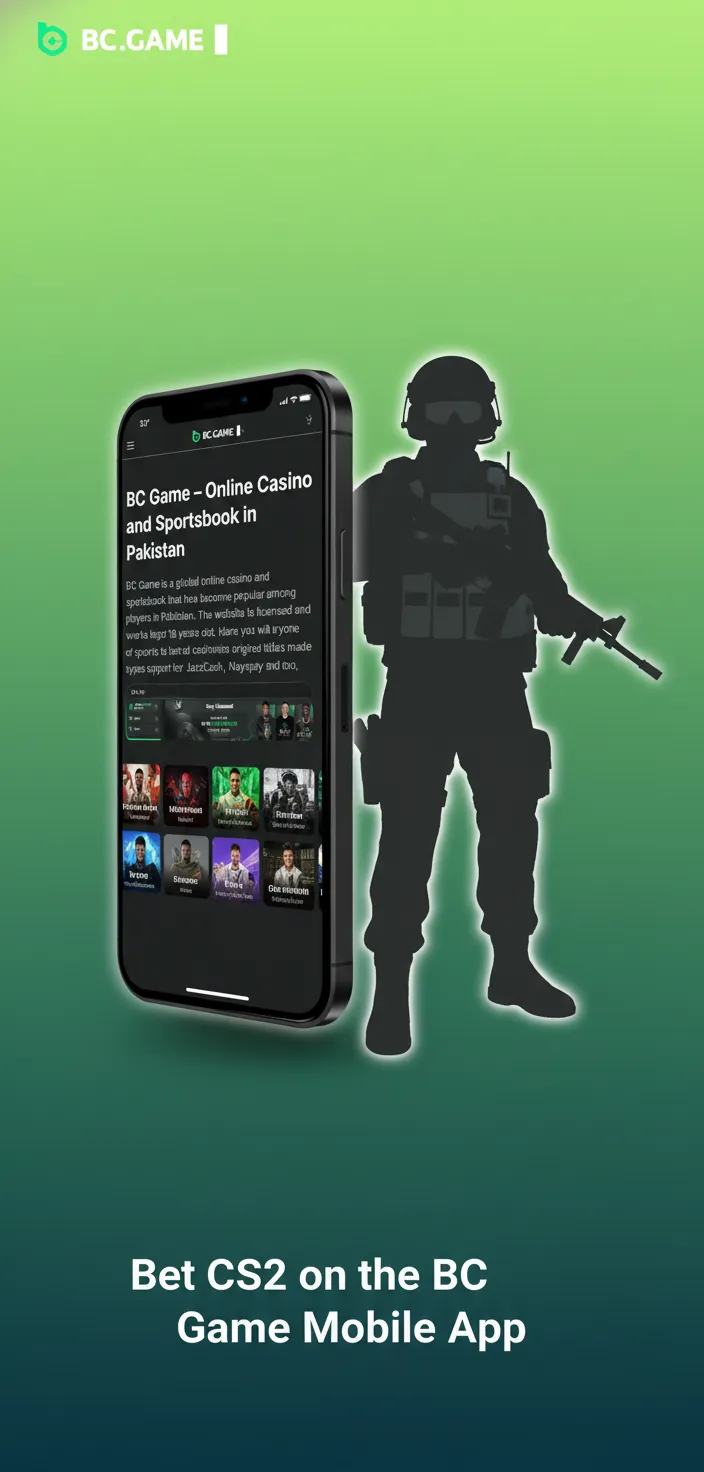 BC Game mobile app with CS2 esports betting on Android and iOS, featuring live and pre-match markets