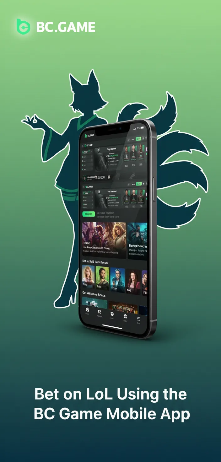 BC Game mobile app showing LoL esports betting interface with live odds, markets like First Blood, and a responsive bet slip.