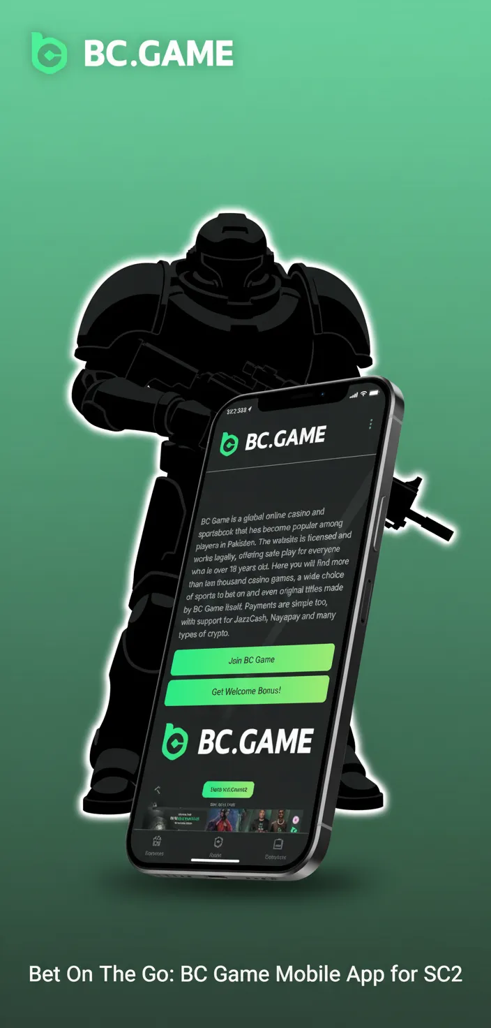 BC Game app screen for StarCraft II esports betting; browse odds and confirm slip on the go in Pakistan