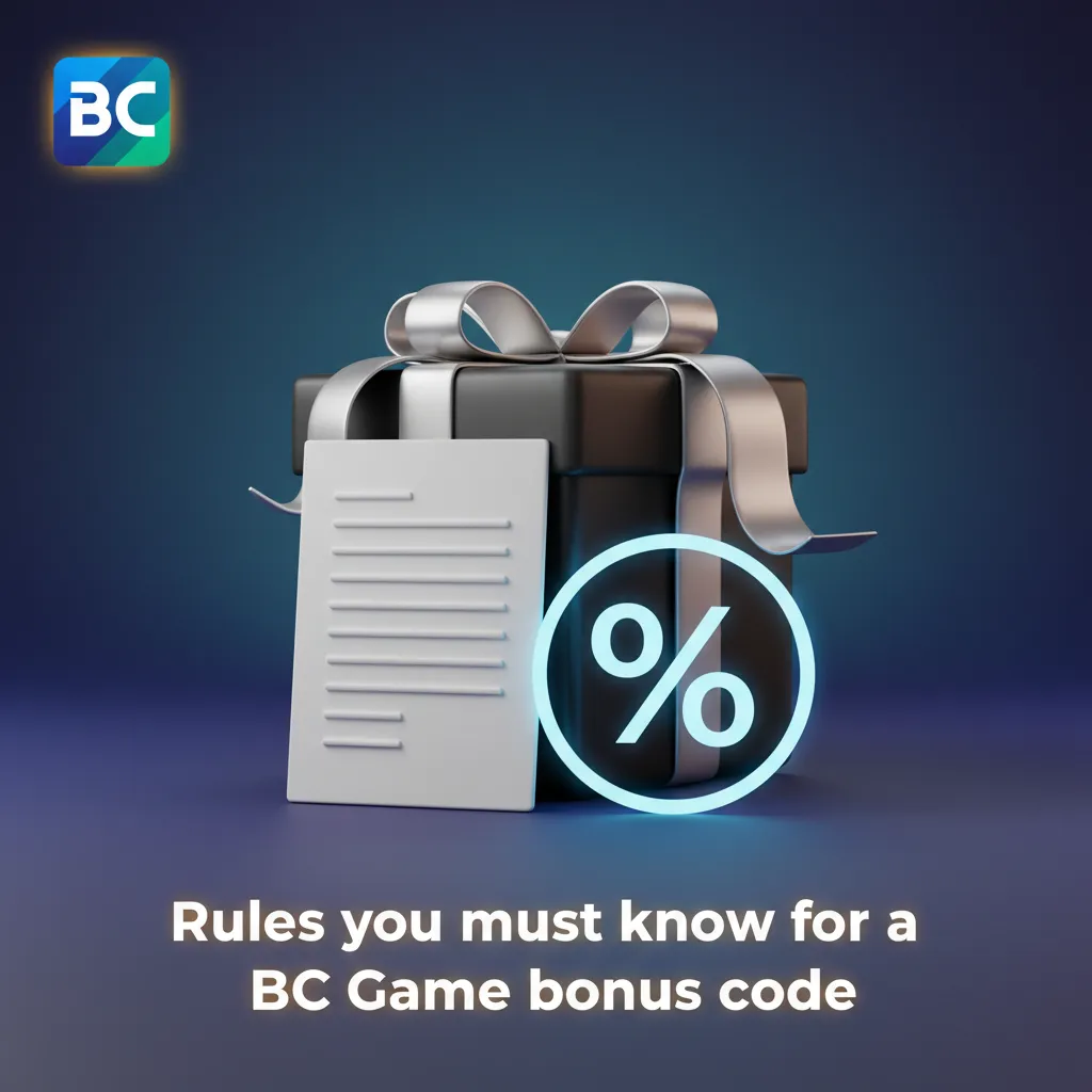 Infographic on BC Game bonus code rules: 18+, one account, add code early, min deposit, wagering, deadlines, KYC, limits.