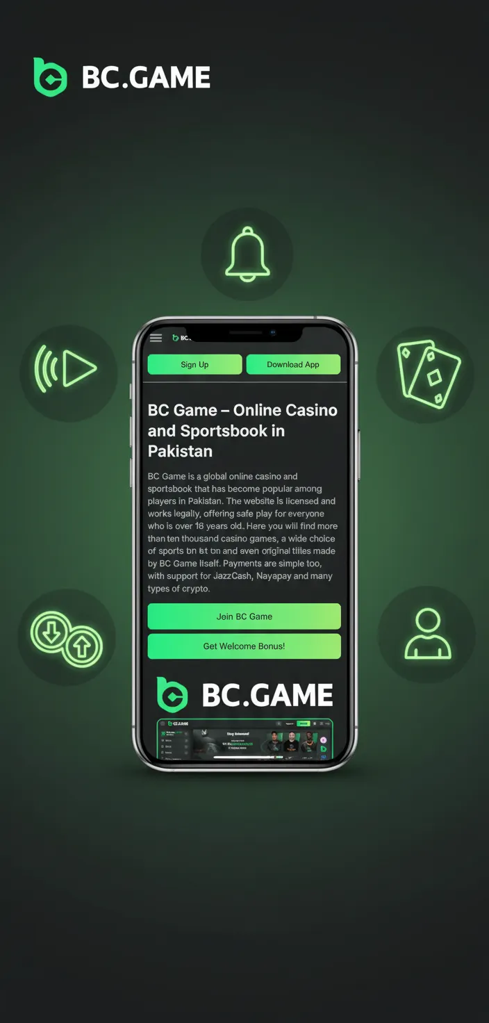 BC Game mobile for Pakistan: fast PWA, PKR mode, JazzCash/NayaPay, cricket odds, 360% welcome, 8K+ games, 24/7 chat.