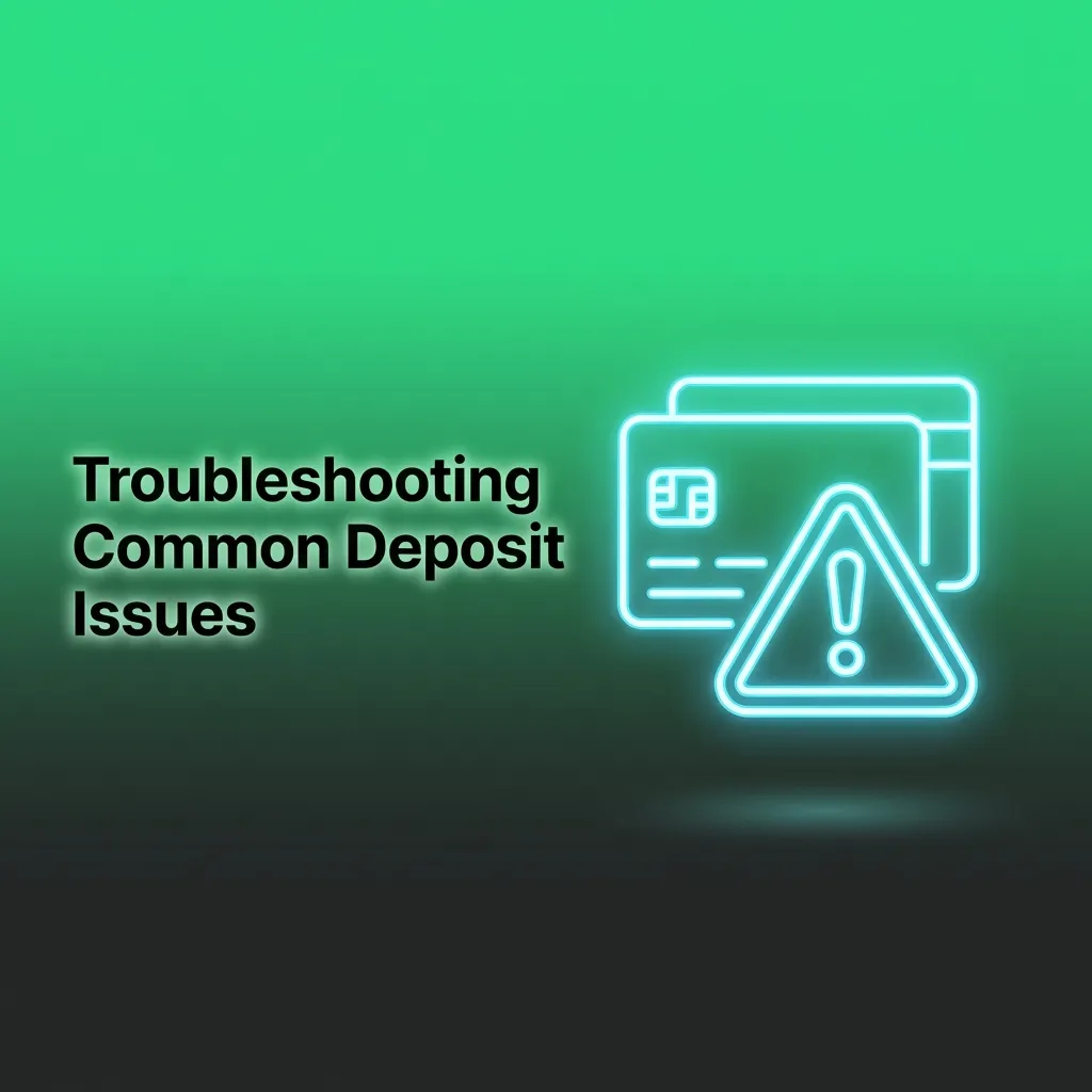 Troubleshooting guide showing solutions for deposit problems: wrong network, pending confirmations, payment limits, and KYC.